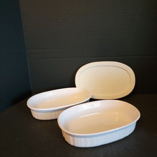2) Corning Ware Oval French White Stoneware Casserole Baker Dish with 1 Cover 16 oz  7.5" x 5"
