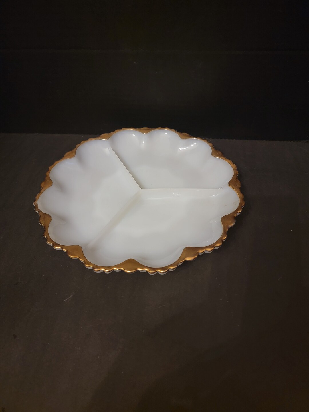Vintage Fire King Divided Plate White Milk Glass Gold Rim 10