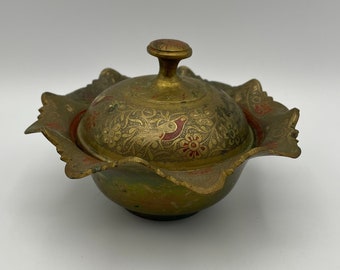 Vintage Brass Container with Etched Floral Design, Brass Container, Jewelry Dish, Trinket Dish