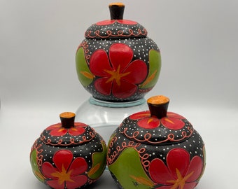 Vintage Hand Painted Wood Containers with Lid, Floral Containers, Balinese Painted Covered Dish, Set of 3