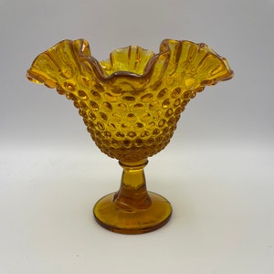 Fenton Pressed Glass Amber Hobnail Compote w/Ruffles
