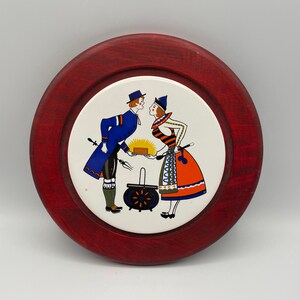 Vintage MCM Wood Trivet, Plaque Round, Scandanavian Trivet, Dutch Trivet
