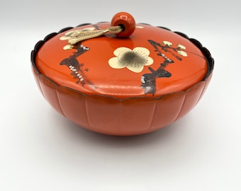 Covered Bowl with Cherry Blossoms, Orange Covered Dish, Jewelry Dish, Trinket Dish