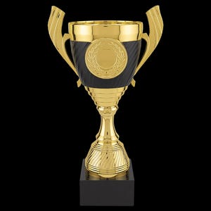 Puede incluir: Un trofeo dorado con un cuerpo negro y dorado, colocado sobre una base negra. El trofeo presenta un emblema de corona de laurel dorado y asas decorativas. La base es un cuadrado negro.