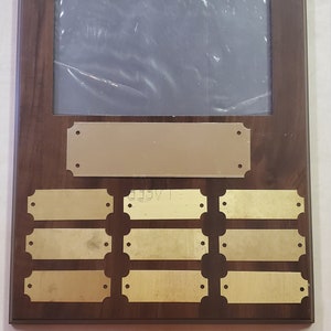Fantasy Football Perpetual Plate Plaque, 9&quot; x 12&quot; Walnut with 9 Plates 5x7 picture holder