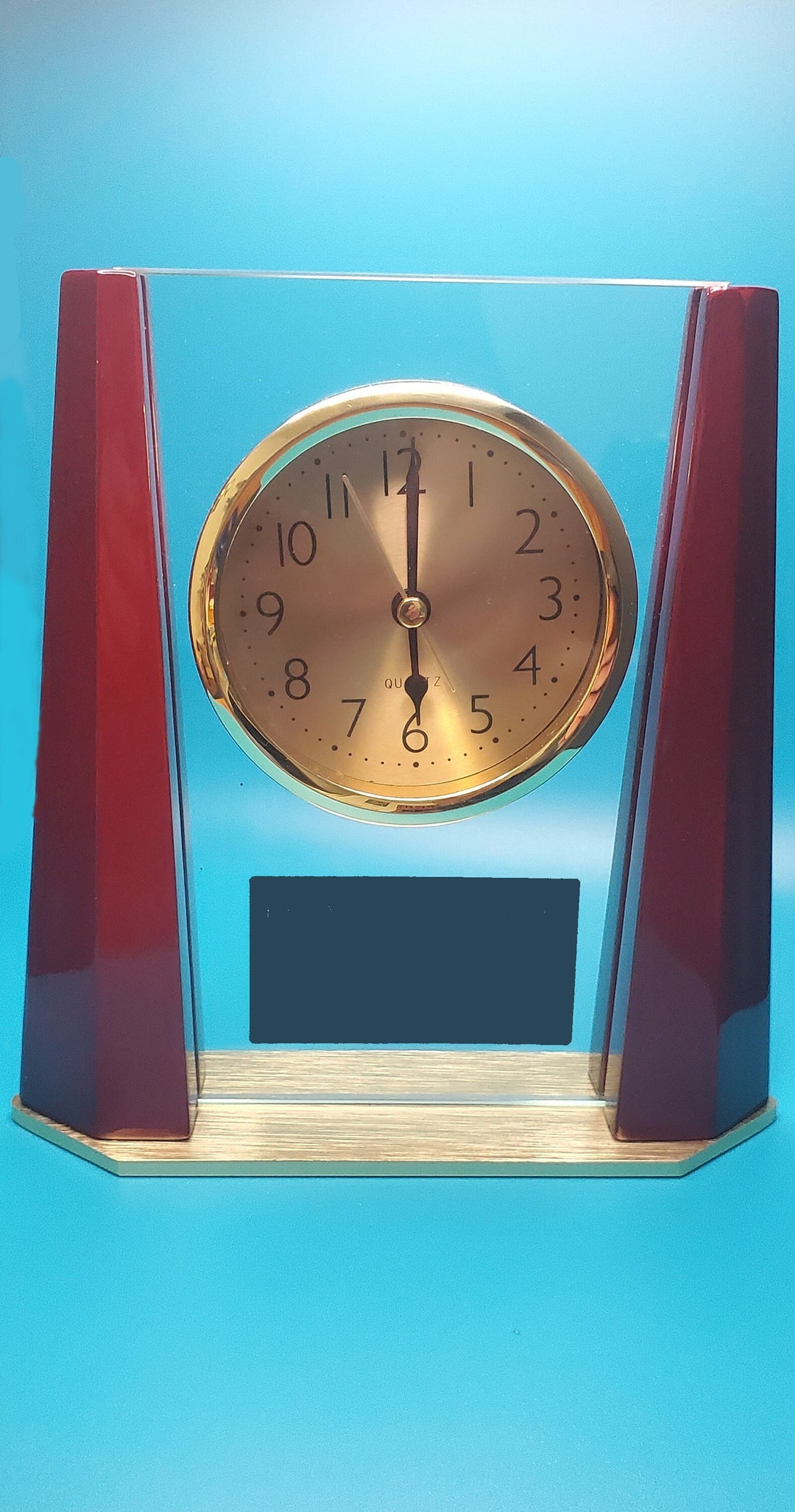 7 Glass Desk Clock With Rosewood Finish Bevel Columns Etsy