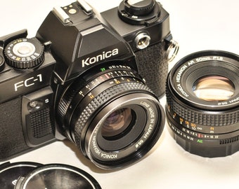 KONICA FC-1 film camera with 50 mm f/1.8 and 28 mm f/3.5 lenses - EXCELLENT.