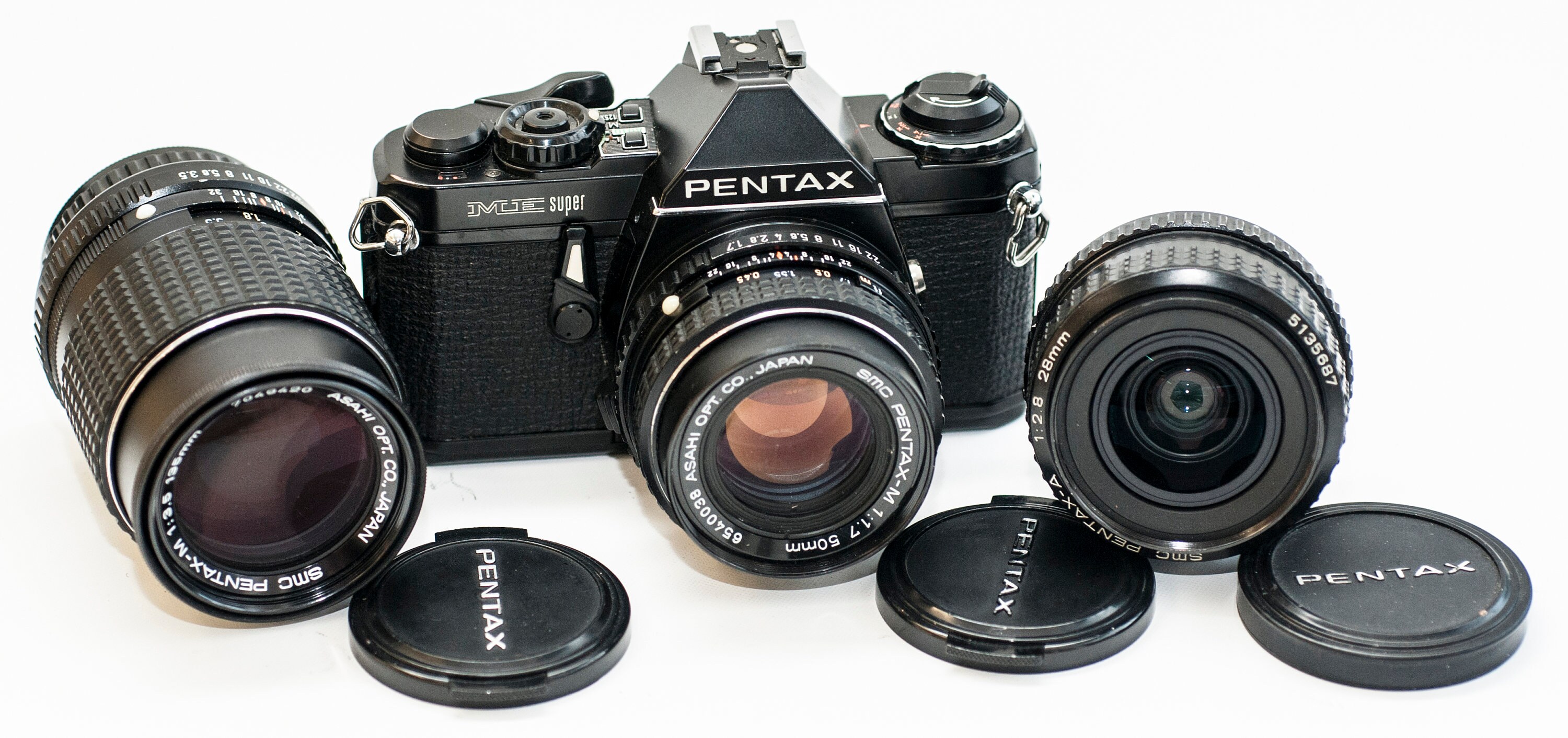 Pentax ME Super: Black 35mm Film Camera W/ 50mm, 28mm 135mm Lenses