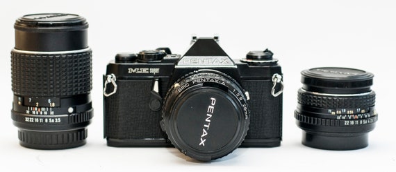 Pentax ME Super: Black 35mm Film Camera W/ 50mm, 28mm 135mm Lenses
