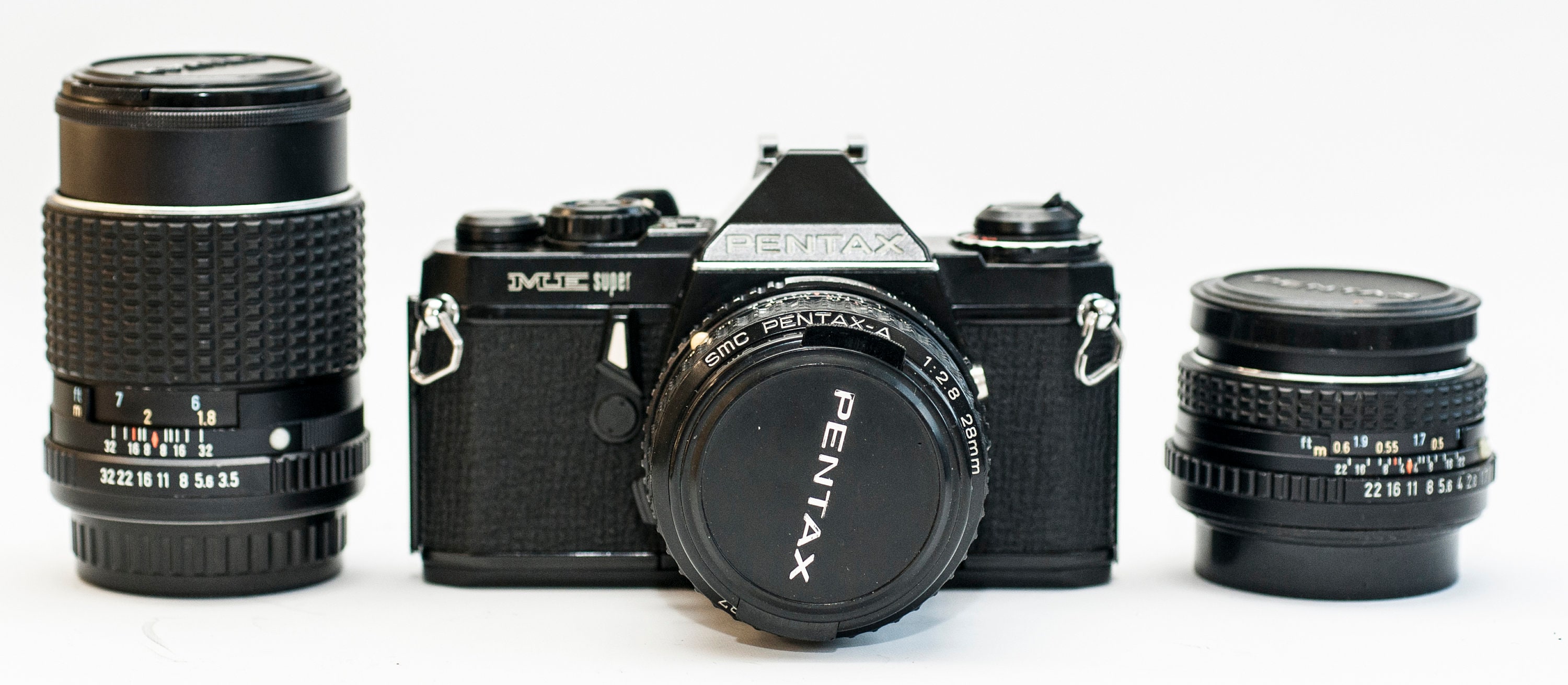 Pentax ME Super: Black 35mm Film Camera W/ 50mm, 28mm 135mm Lenses