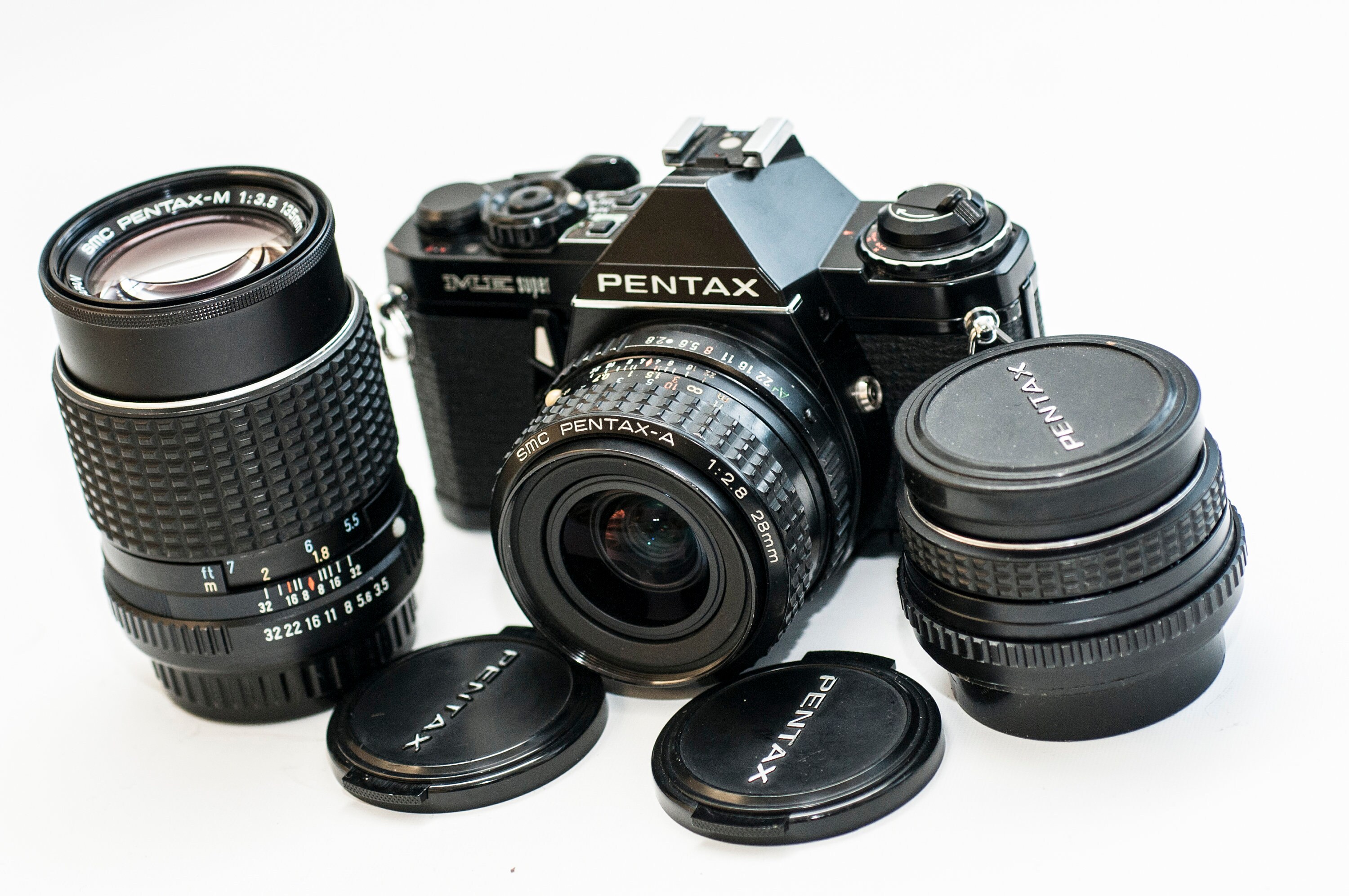 Pentax ME Super: Black 35mm Film Camera W/ 50mm, 28mm 135mm Lenses