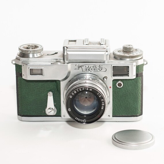 KIEV 4 Russian rangefinder 35 mm film camera with jupiter 53 mm f2 lens. Green - khaki skin recovered.