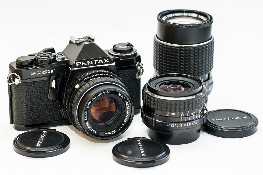 Pentax ME Super: Black 35mm Film Camera W/ 50mm, 28mm 135mm Lenses