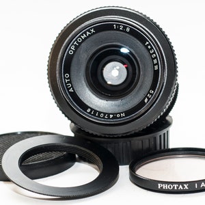 Nikon fit 35mm f2.8 wide angle lens M42 screw OPTOMAX with Nikon adapter ring. MINT