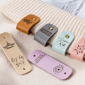 Custom Name Labels for Knitting,Personalized Logo Tags,Tags for Crochet,Tags for Handmade,PU Leather Tags with Rivets,Labels for Clothing