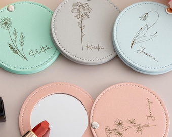 Personalized Birth Flower Compact Mirror: Custom Name Gift