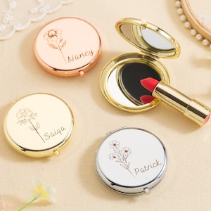 Espejo con nombre personalizado, espejo personalizado, espejo de bolsillo personalizado, regalo de flores de nacimiento, regalos para damas de honor, recuerdos para la fiesta nupcial, regalo de cumpleaños