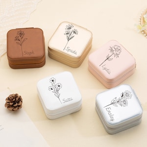 Boîte à bijoux personnalisée, cadeau de fleurs de naissance, demoiselle d'honneur de mariage, cadeau de remerciement, cadeau meilleur ami, étui de voyage à bijoux, shower de mariage