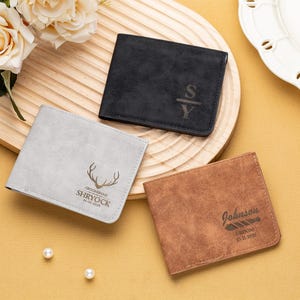 Cartera de cuero personalizada, billetera delgada de cuero, billetera plegable personalizada, regalo de aniversario para él, hombres, papá, esposo, novio