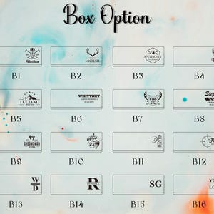 May include: A chart displaying 16 different box options for a personalised gift box. Each box option features a unique design with a name or initials. The box options are labelled B1 to B16.