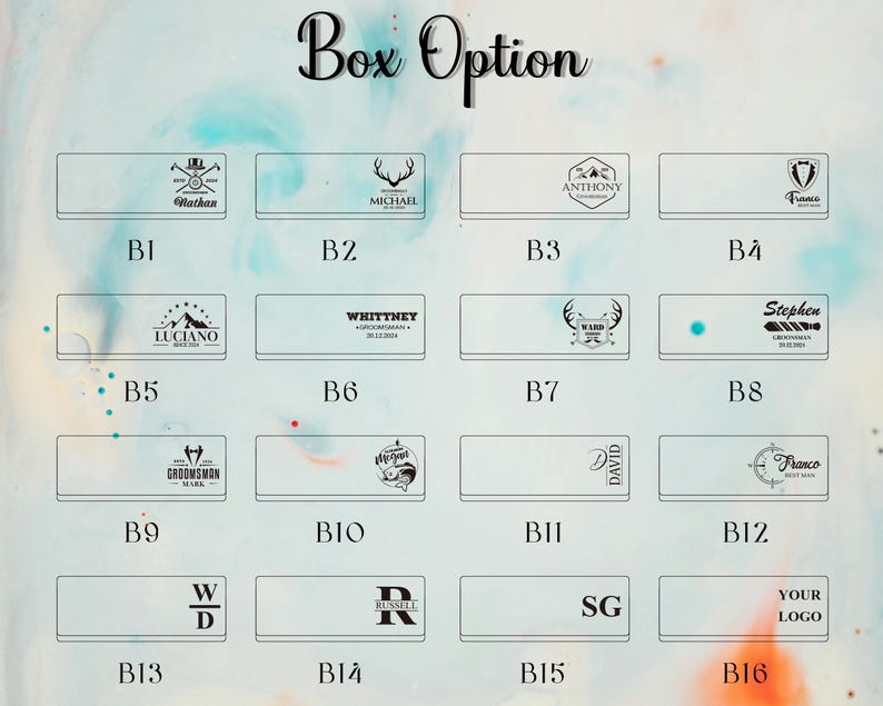 May include: A chart displaying 16 different box options for a personalised gift box. Each box option features a unique design with a name or initials. The box options are labelled B1 to B16.