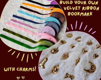 Velvet ribbon bookmark with charms for booklovers and readers cozy vibes personalised bookish gift