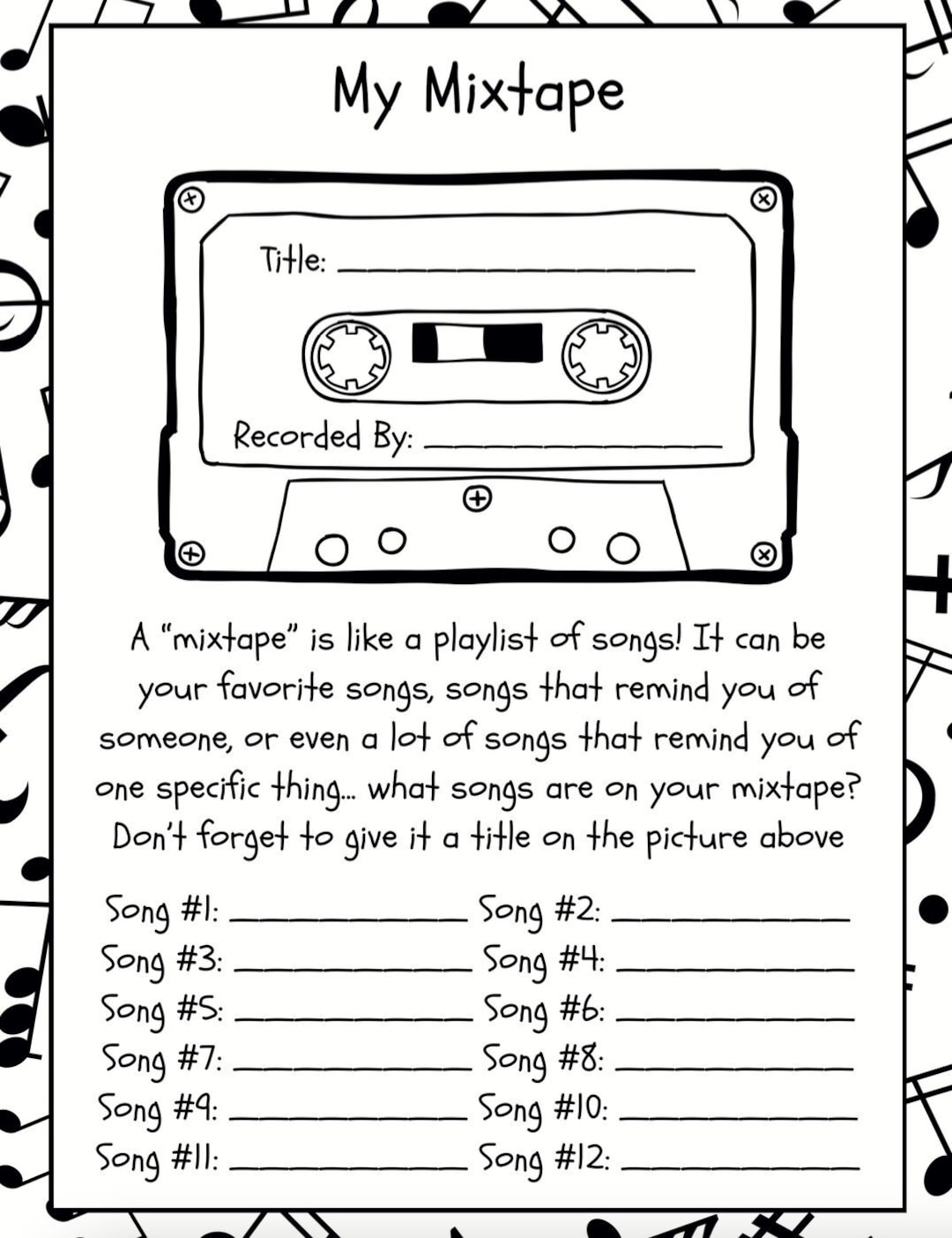 My mixtape worksheet music therapy for kids creative therapeutic