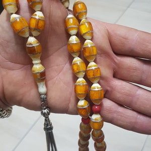 Muslim Islamic Antique Natural Amber Inlaid 33 Beads Rosary Tesbih Misbaha , 75 grams Mn25 image 3