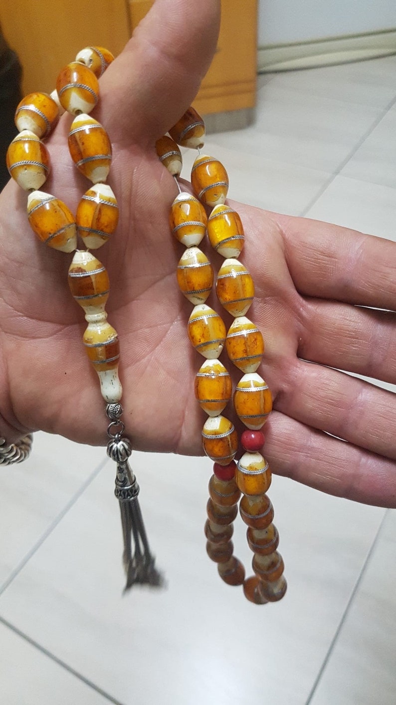 Muslim Islamic Antique Natural Amber Inlaid 33 Beads Rosary Tesbih Misbaha , 75 grams Mn25 image 3