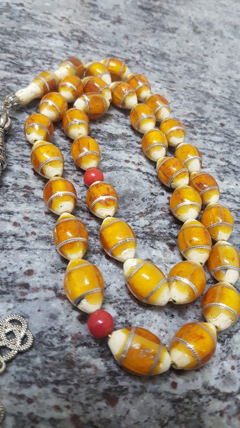 Muslim Islamic Antique Natural Amber Inlaid 33 Beads Rosary Tesbih Misbaha , 75 grams Mn25 image 4