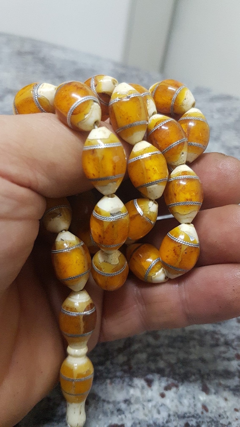 Muslim Islamic Antique Natural Amber Inlaid 33 Beads Rosary Tesbih Misbaha , 75 grams Mn25 image 1