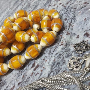 Muslim Islamic Antique Natural Amber Inlaid 33 Beads Rosary Tesbih Misbaha , 75 grams Mn25 image 5