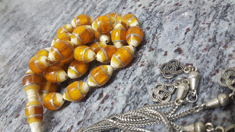 Muslim Islamic Antique Natural Amber Inlaid 33 Beads Rosary Tesbih Misbaha , 75 grams Mn25 image 5