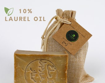 Jabón de Alepo natural: 10 % de aceite de laurel, hecho a mano con bolsa de jabón.