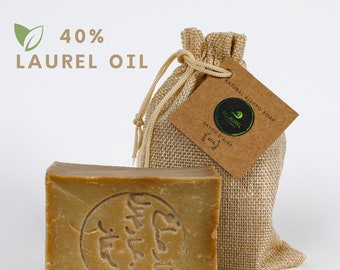 Jabón de Alepo natural: 40 % de aceite de laurel, hecho a mano con bolsa de jabón.