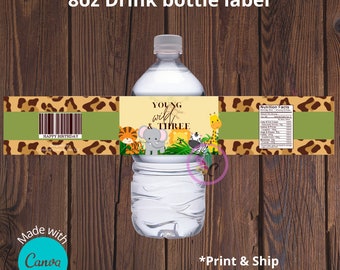 12 Young Wild and Three Water Bottle Labels, Safari Water Bottle Labels, Custom Party Treat Labels, Jungle Party Labels (LABELS ONLY)