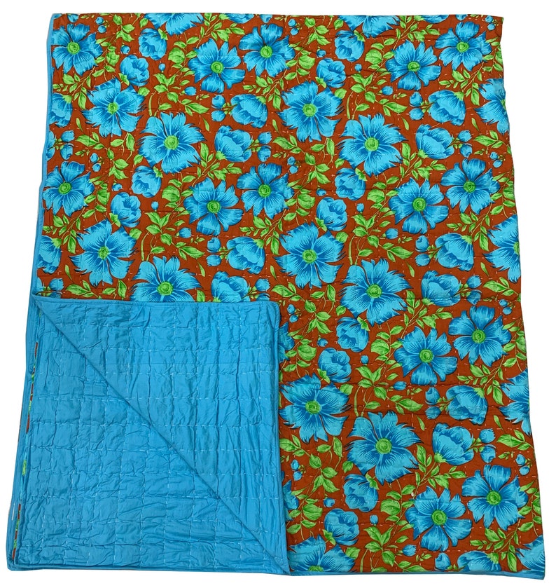 Cotton Quilt Bedcover Double Bed Quilt Reversible Hand Quilted Yellow /& Blue Floral Quilt Hand Quilted Quilt Cotton Patchwork Quilt