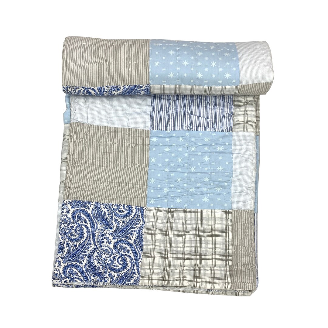 Blue Grey Quilt Single Quilt Cotton Patchwork Quilt Cotton Etsy UK