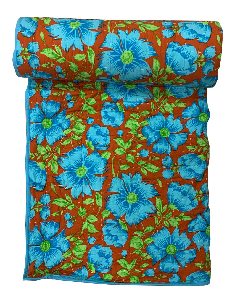 Cotton Quilt Bedcover Double Bed Quilt Reversible Hand Quilted Yellow /& Blue Floral Quilt Hand Quilted Quilt Cotton Patchwork Quilt