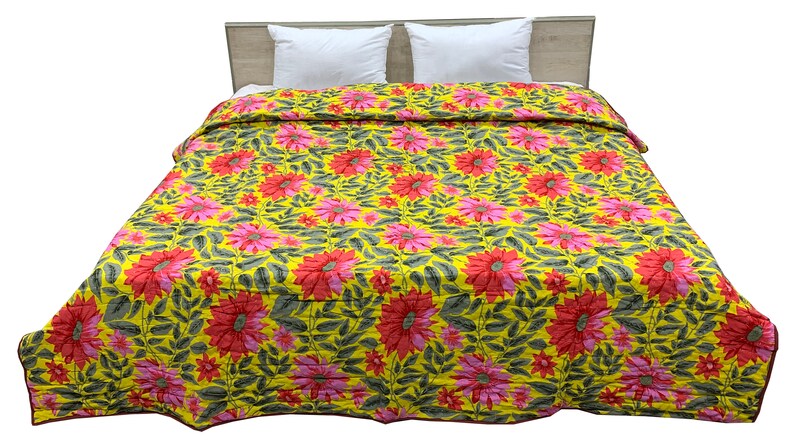 Cotton Quilt Bedcover Double Bed Quilt Reversible Hand Quilted Yellow /& Blue Floral Quilt Hand Quilted Quilt Cotton Patchwork Quilt