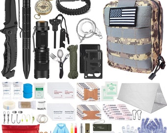 All in one Emergency Survival Kit For Camping, Hunting, Hiking, Car, RV, Bug Out Bag Molle Pouch & American Flag Patch