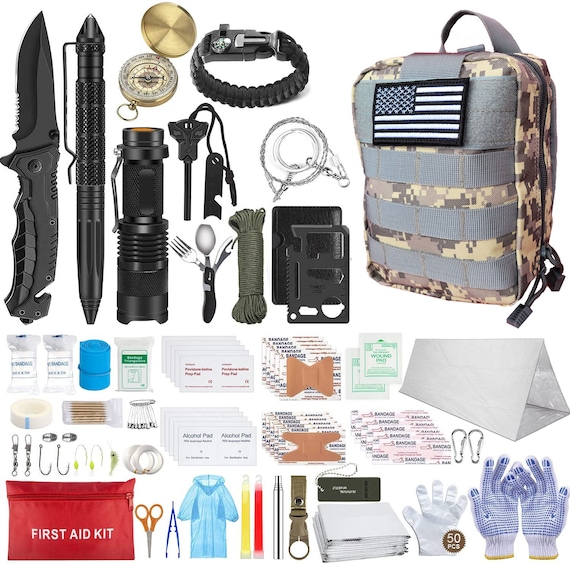 152 Piece Emergency Survival Kit for Camping, Hunting, Hiking, Car, RV, Bug  Out Bag Molle Pouch & American Flag Patch 