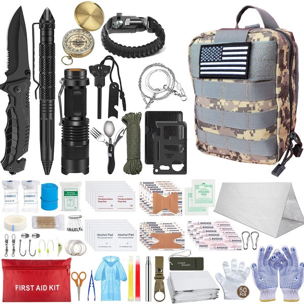 All in one Emergency Survival Kit For Camping, Hunting, Hiking, Car, RV, Bug Out Bag Molle Pouch & American Flag Patch