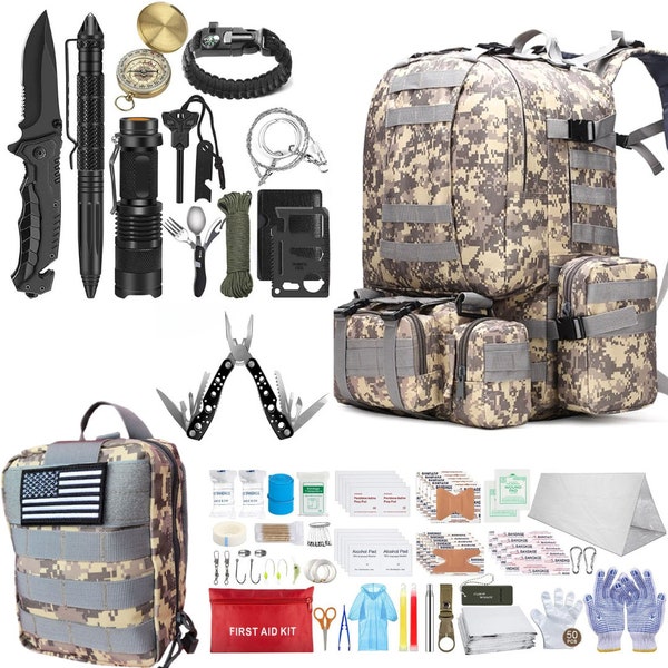 60L Military Style Tactical Backpack WITH 152 piece Survival Kit Molle Pouch Bug Out Bag ACU Gray