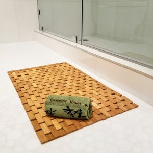 Elegant Natural Bamboo Bath Mat & Bamboo Fiber Hand Towel set, Non-Slip and Water Resistant Shower Rug Eco-Friendly for Bathroom and Kitchen