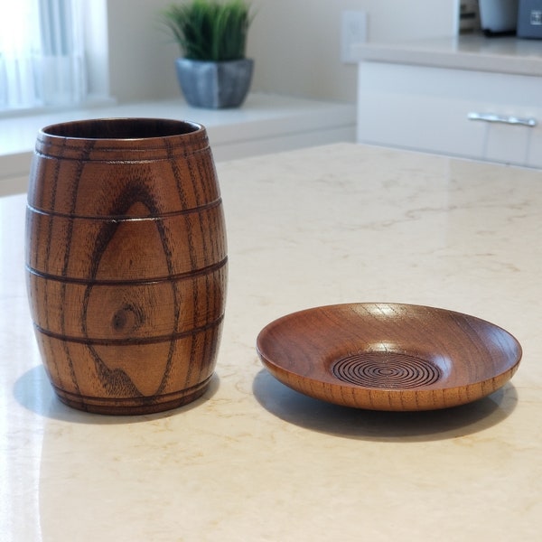 Set of 4 Wooden Barrel Cups and 4 Matching Saucers Hand Crafted Cups and dishes For Coffee Tea Beer Drinks Solid Wood Handmade