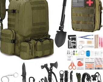 60L Military Style Tactical Backpack With Emergency Survival Kit Molle Pouch Bug Out Bag OD Green