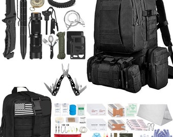 60L Tactical Backpack WITH 152 piece Emergency Survival Kit Molle Pouch for Camping Hunting Hiking Car Bug Out Bag BLACK