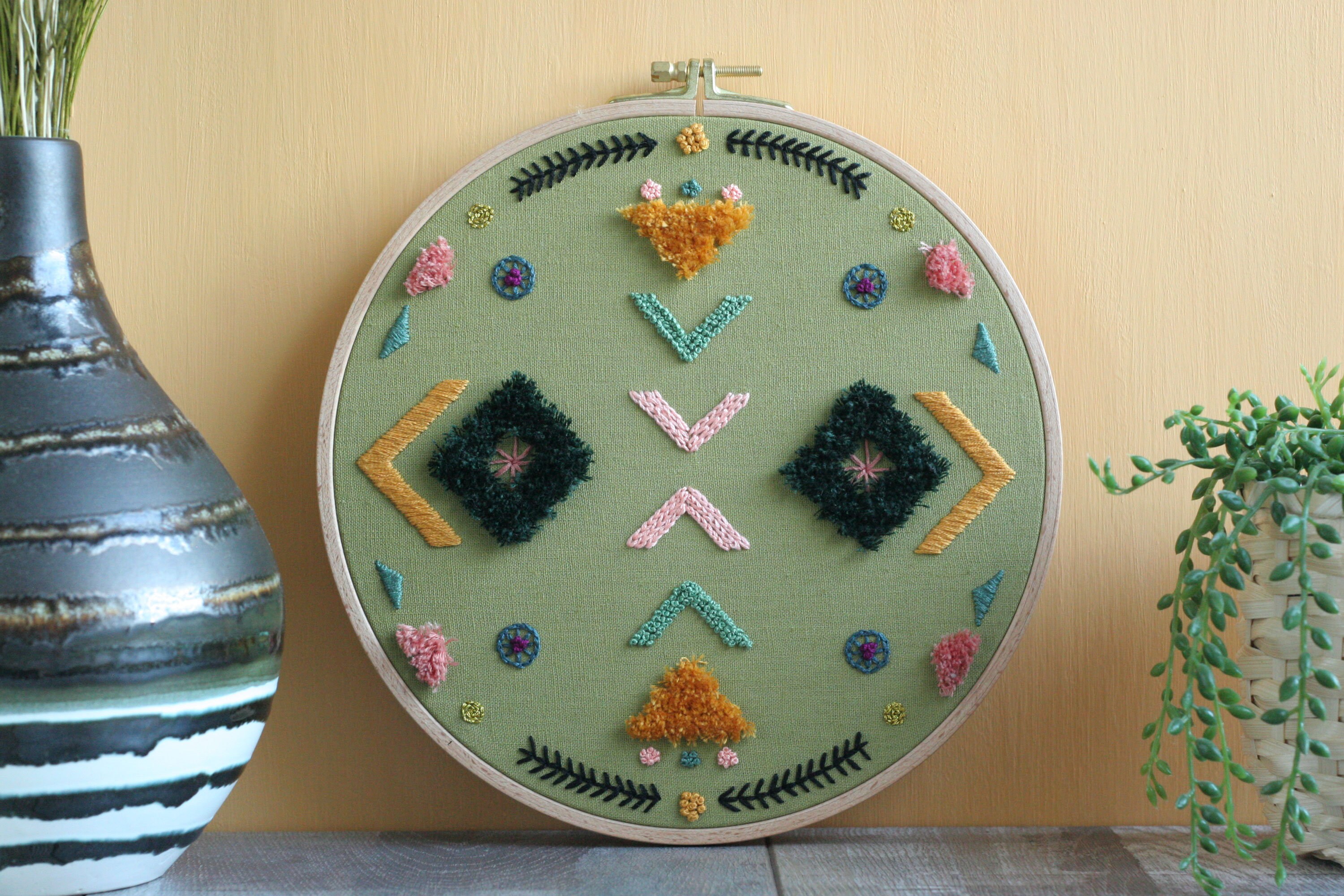 Cerceau Brodé à La Main Vert Lin Géométrique | Broderie Hoop Art Boho - France Décor Mural Mural