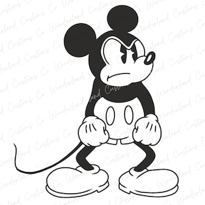 May include: Black and white illustration of Mickey Mouse with an angry expression. He is standing with his arms crossed and has a large, round head with big ears.